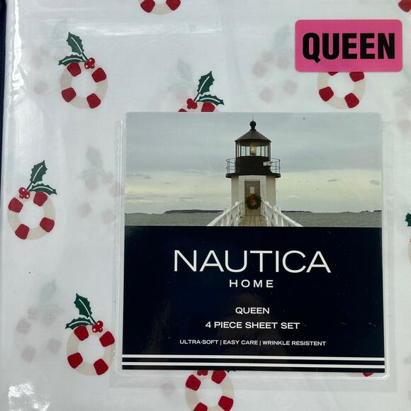 Christmas Holiday Nautica Queen Sheet Set Red White Life Preserver Wreath NEW - Picture 9 of 9